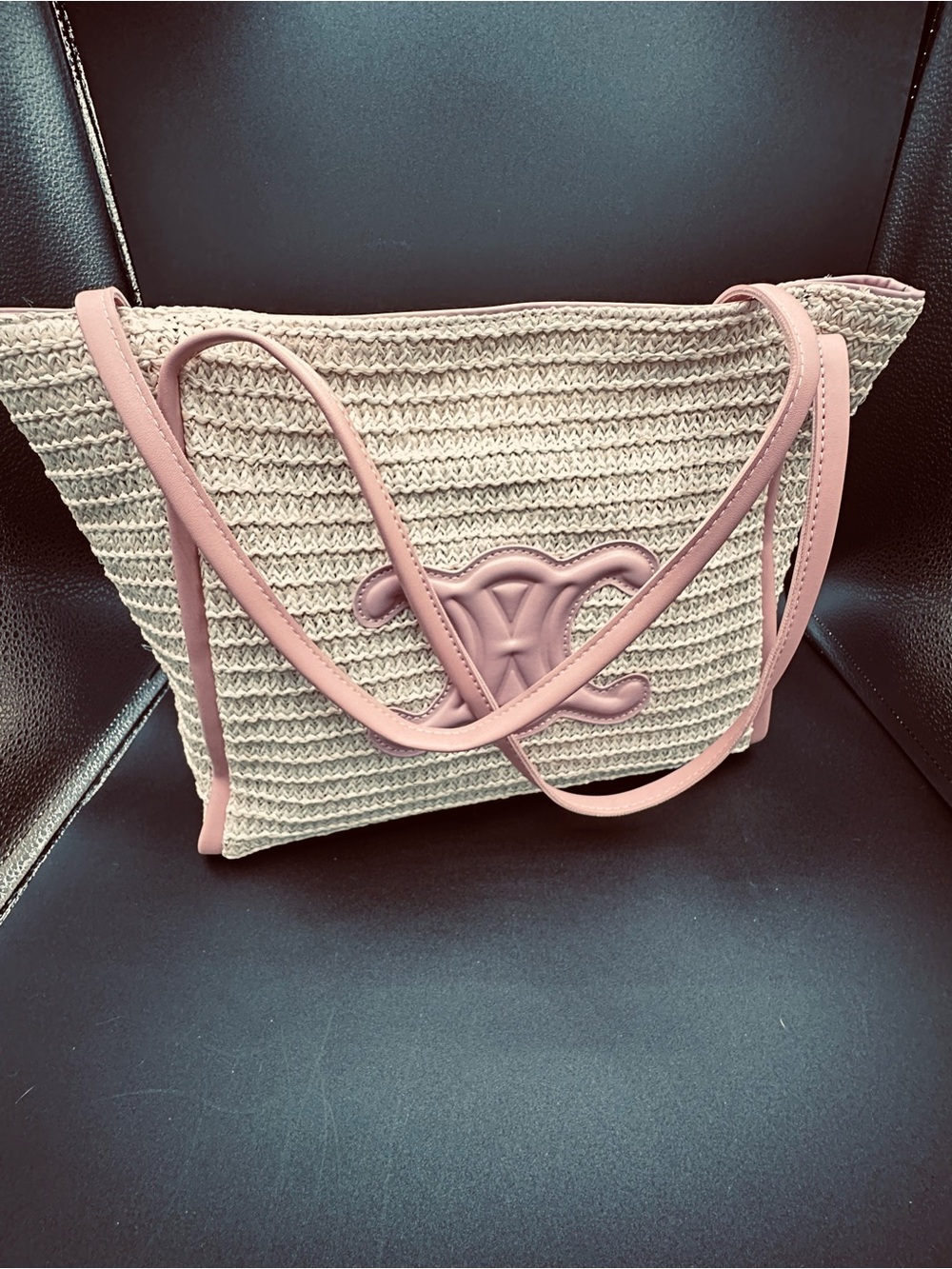 Woven Straw Tote with Blush Pink Trim